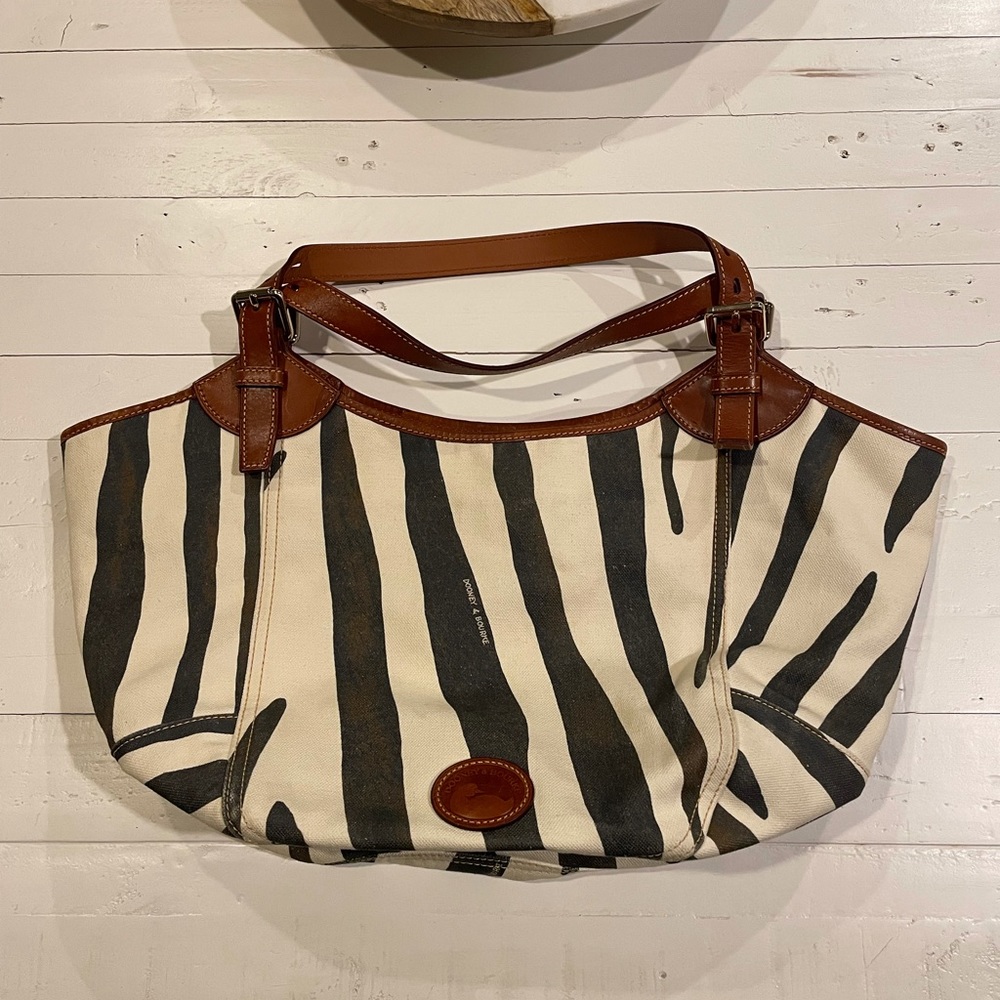 Dooney & Bourke Cream and Black Striped Canvas Tote with Brown Leather Trim - Picture 2 of 10